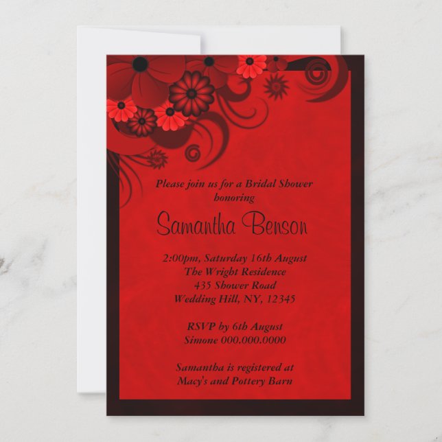 Floral Dark Red Goth Wedding Bridal Shower Invites (Front)