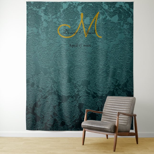 Floral Dark Teal Gold Black Monogram Photo Booth Tapestry (In Situ)