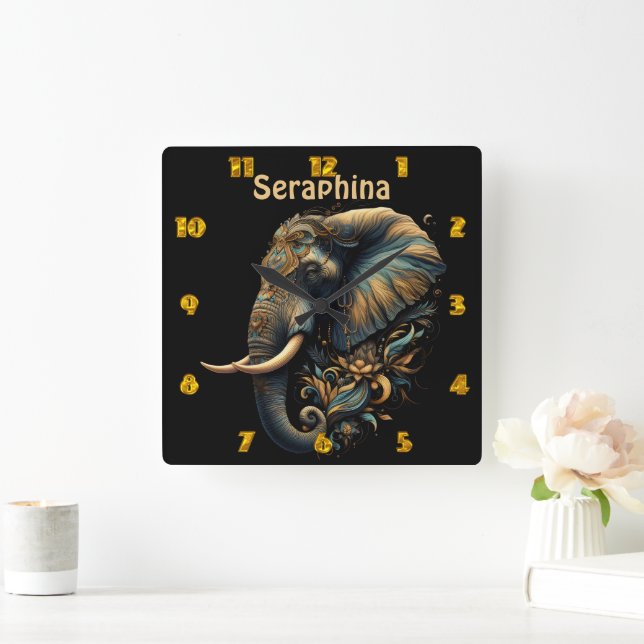 Floral dawn elephant art square wall clock (Home)