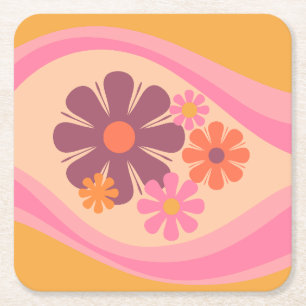 Floral Daydream Retro Flower Pattern Pink Orange Square Paper Coaster