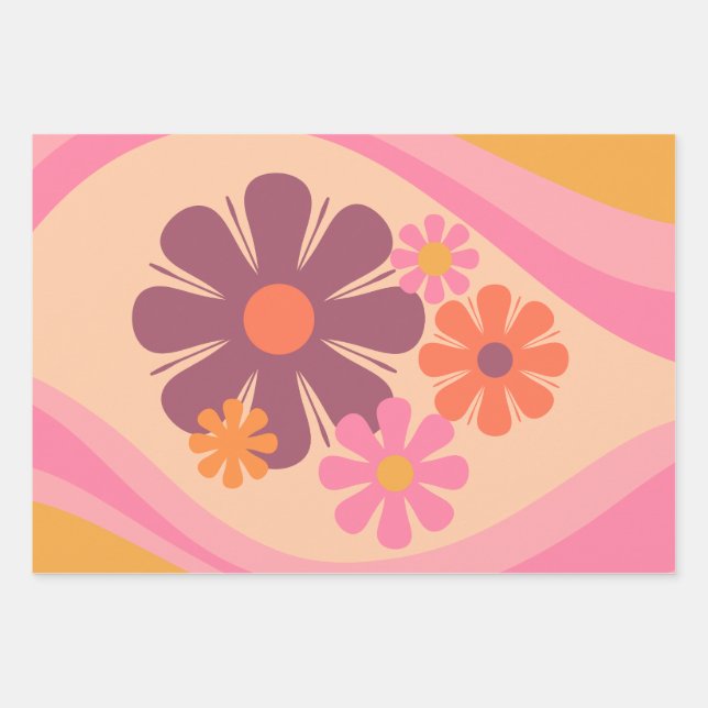 Floral Daydream Retro Flower Pattern Pink Orange Wrapping Paper Sheet (Front)