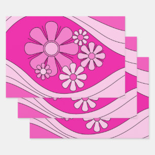 Floral Daydream Retro Hot Pink 60s Flowers Wrapping Paper Sheet