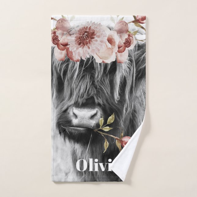Floral de vache de Highland | Western Cowgirl Nom  (Serviette à main)