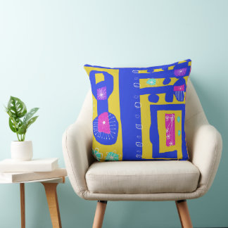Floral Decal Ethnic Print Blue Mustard White Throw Pillow