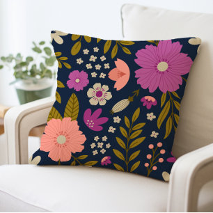 Floral Decorative Flower Print Bright Throw Pillow