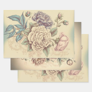 Floral Decoupage Paper Wrap Set - Vintage Style
