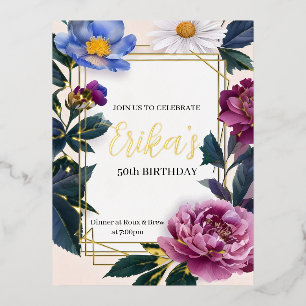 Floral Deep Colour Birthday Gold Foil Invite