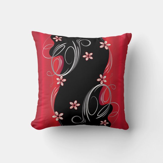 Floral Deep Red and Black Swirl Design Throw Pillow (Front)