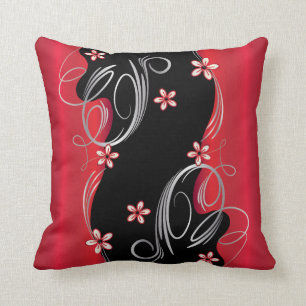 Floral Deep Red and Black Swirl Design Throw Pillow