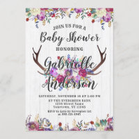 Floral Deer Antler Bouquet Baby Shower Invitation