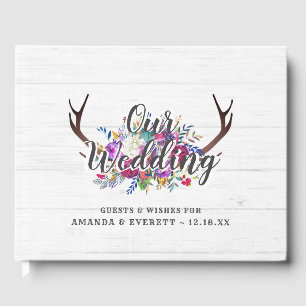 Floral Deer Antler Bouquet Rustic Wedding Monogram Guest Book
