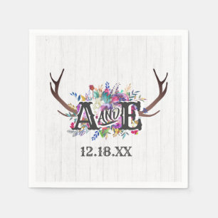 Floral Deer Antler Bouquet Rustic Wedding Monogram Napkin