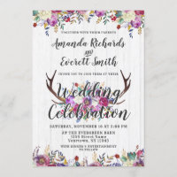 Floral Deer Antler Bouquet Wedding Invitation