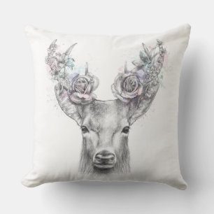 Floral deer antlers pink watercolor illustration  throw pillow
