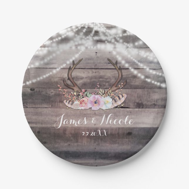 Floral Deer Antlers & String Lights Rustic Party Paper Plate (Front)
