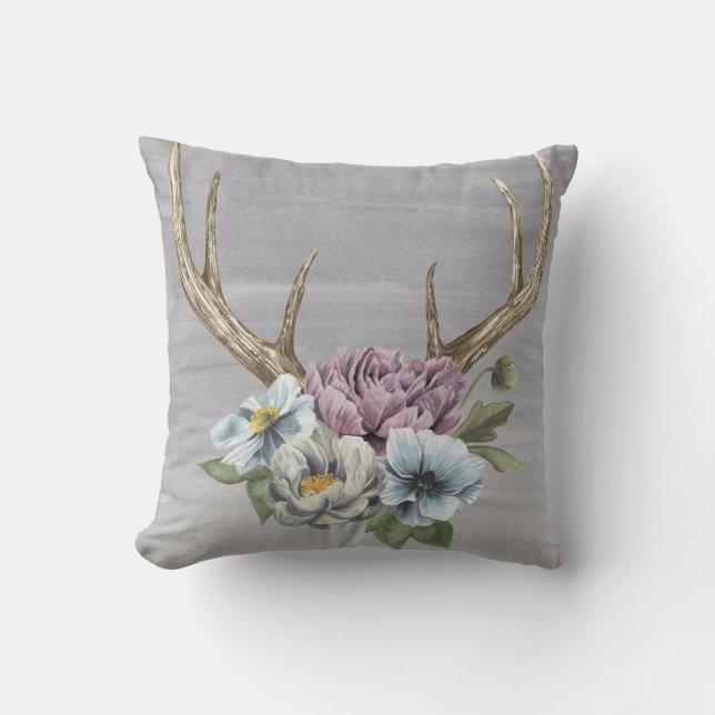 Floral Deer Antlers Throw Pillow (Front)