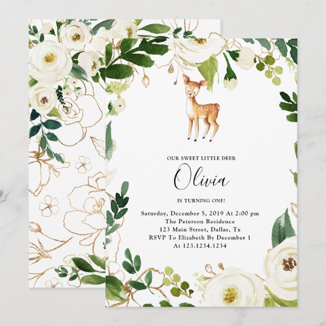 Floral Deer Birthday Party Invitation (Front/Back)