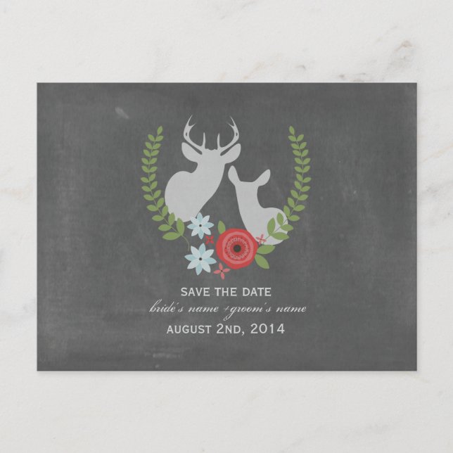 Floral Deer Chalk Inspired Save The Date Announcement Postcard (Front)