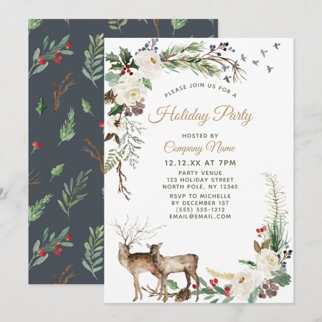 Floral Deer Corporate Holiday Christmas Party Invitation (Front/Back)