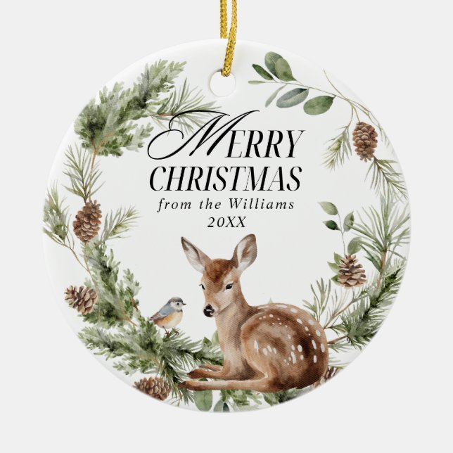 Floral Deer Elegant Modern Merry Christmas Ceramic Ornament (Front)