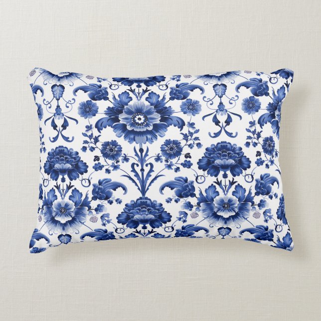 Floral Delft Blue Accent Pillow (Front)