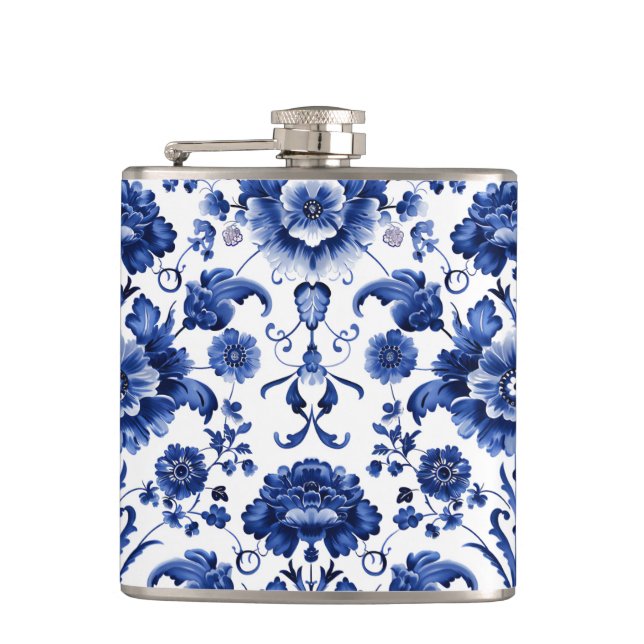 Floral Delft Blue Hip Flask (Front)