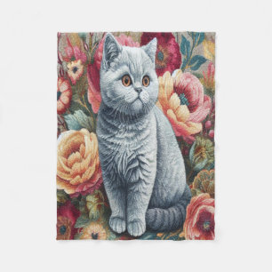 Floral Delight British shorthair Cat, Cute Kitten Fleece Blanket