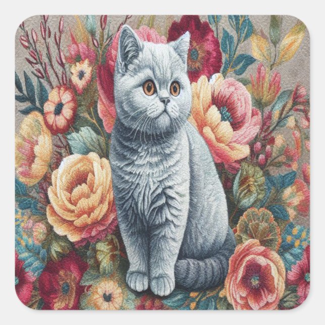 Floral Delight British shorthair Cat, Cute Kitten Square Sticker (Front)