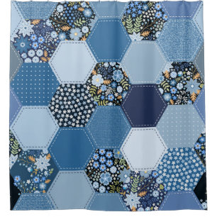 Floral, denim patchwork: blue pattern.