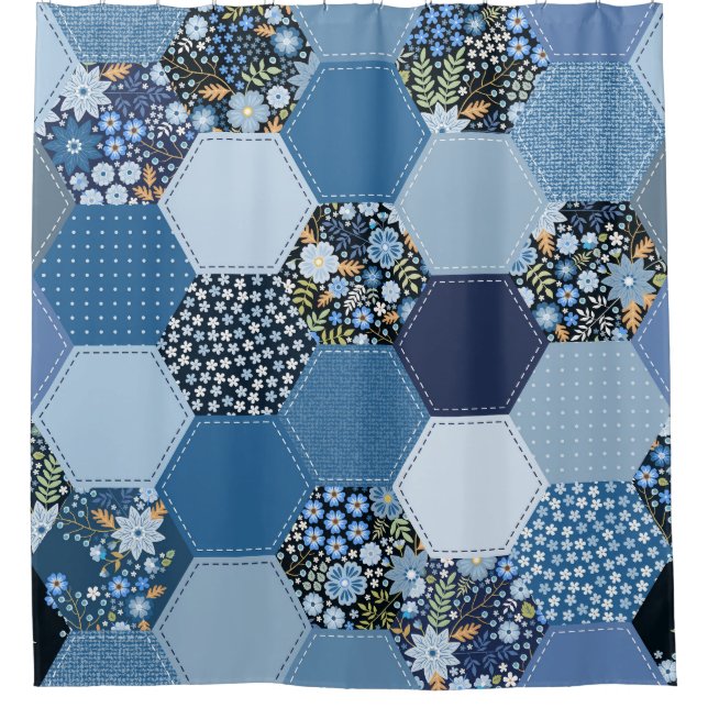 Floral, denim patchwork: blue pattern. (Front)