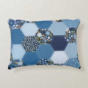 Floral, denim patchwork: blue pattern. accent pillow
