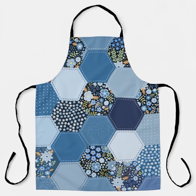 Floral, denim patchwork: blue pattern. apron (Front)