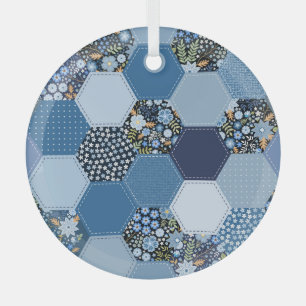 Floral, denim patchwork: blue pattern. glass ornament