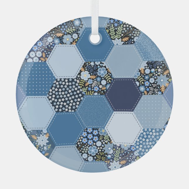 Floral, denim patchwork: blue pattern. glass ornament (Front)