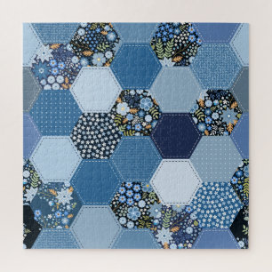 Floral, denim patchwork: blue pattern. jigsaw puzzle