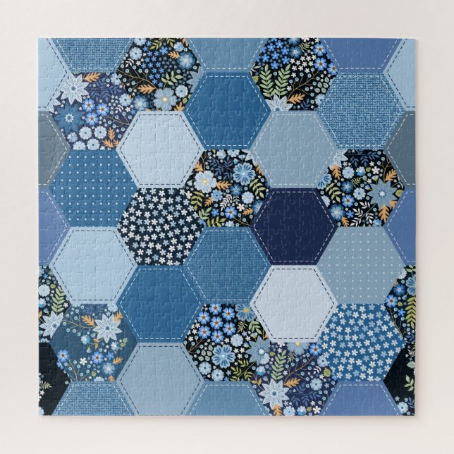 Floral, denim patchwork: blue pattern. jigsaw puzzle (Vertical)