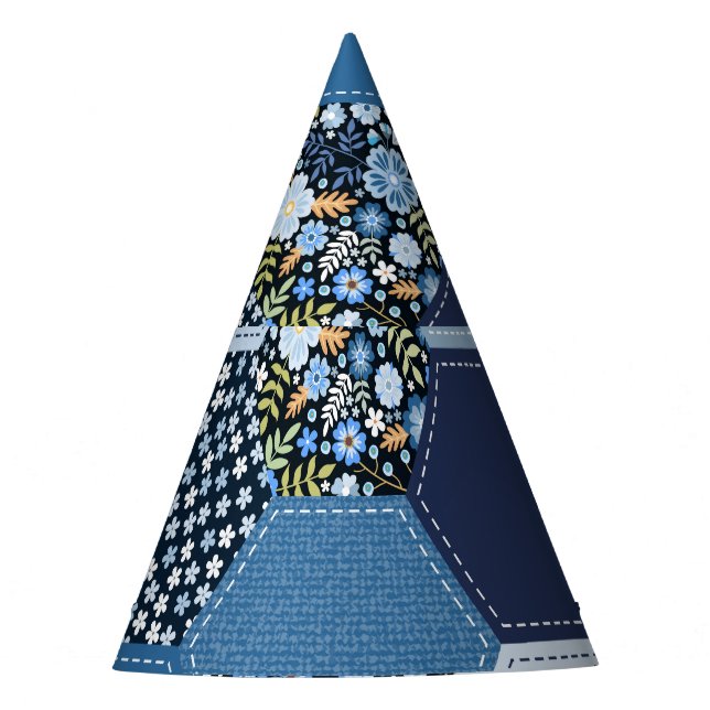 Floral, denim patchwork: blue pattern. party hat (Front)