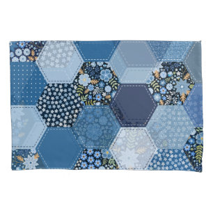 Floral, denim patchwork: blue pattern. pillowcase