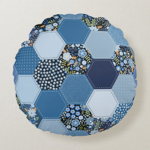 Floral, denim patchwork: blue pattern. round pillow
