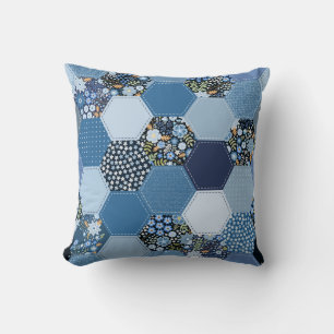 Floral, denim patchwork: blue pattern. throw pillow