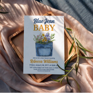 Floral Denim Pocket Yellow Blue Jean Baby Shower Invitation