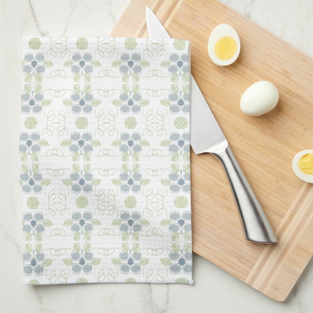 Floral Design In Blue White and Green Kitchen Towel (Quarter Fold)