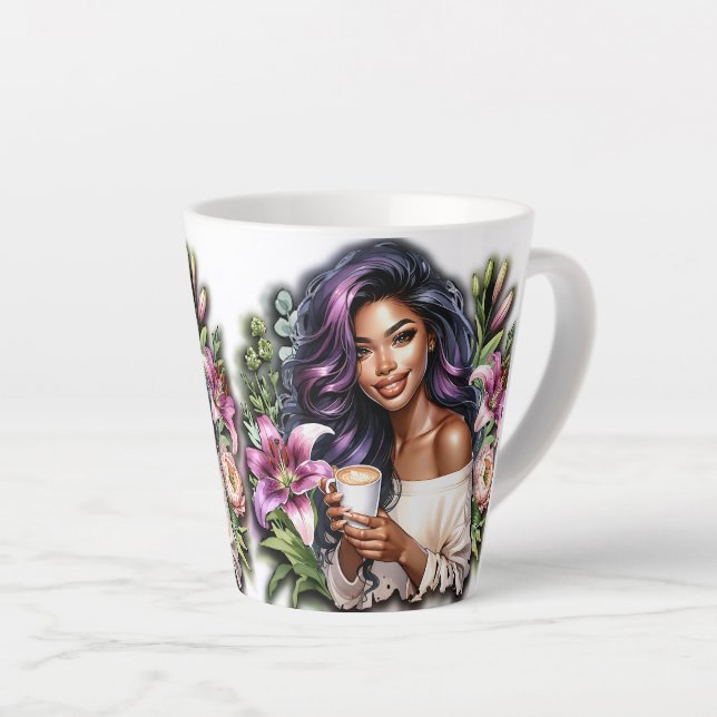Floral Design Lovely Lady With Coffee Latte Mug (Right Angle)