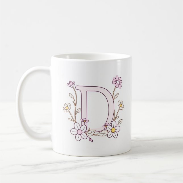 Floral Design Monogram D Initial Coffee Mug (Left)