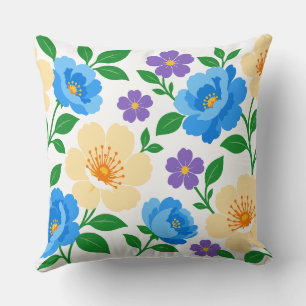 Floral Design with Blue, Cream, & Purple Flowers Throw Pillow