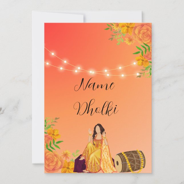 Floral deux tons orange Dholki invitation nuit (Devant)
