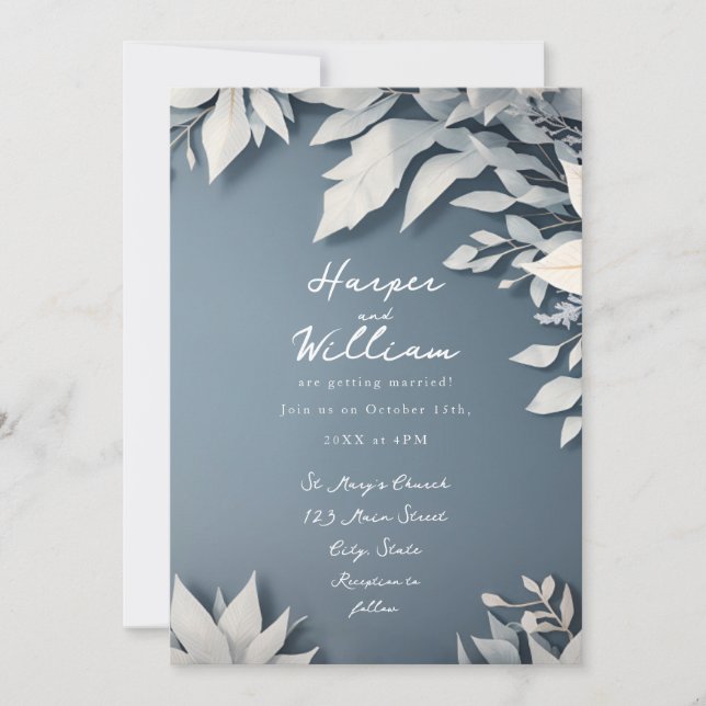 Floral d'hiver blanc et bleu faire-part de mariage (Devant)