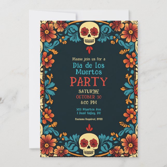 💀 Floral Día de Muertos Party Invitation (Front)