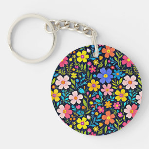 Floral Digital Painting Flowers Pattern Keychain