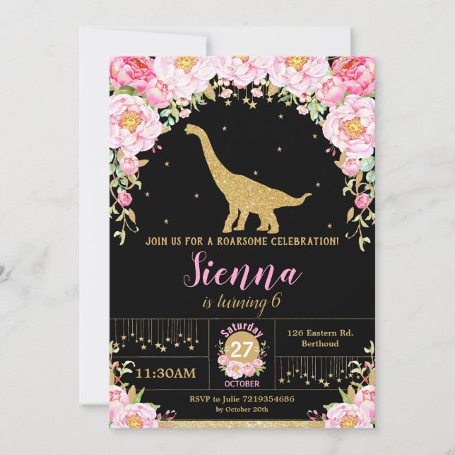 Floral Dinosaur Birthday Invitation Girl Bronto (Front)